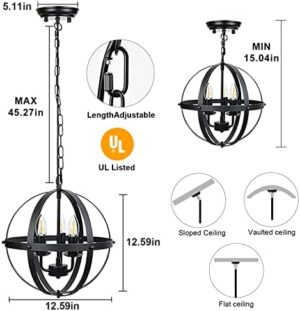 DLLT Vintage Pendant Hanging Light Fixtures, Flush Mount Ceiling Chandelier Lamp with Metal Spherical Shade for Kitchen, Dining Room, Living Room, Hallway, Entryway 3-Light, E12 Base-Matte Black - Image 6