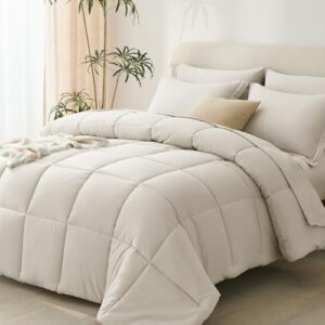 CozyLux Comforter Set Full 7 Pieces Beige Bedding Set Bed in a Bag Set Full Box Stitch Bedding Sets with All Season Comforter, Flat Sheet, Fitted Sheet and Pillowcases & Shams