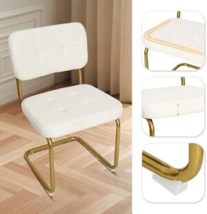 CangLong Fleece Dining Chairs, Mid-Century Modern Upholstered Armless Chairs with Metal Legs for Home, Kitchen, Dining Room, Set of 2, White - Image 6