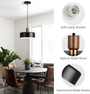 Modern Solid Wood Pendant Lights,13.8" Large Hammered Vintage Chandeliers,Black Finish Hanging Lighting Lamp,Industrial Drum Ceiling Light Fixtures for Dining Room,Kitchen Island, Farmhouse - Image 3