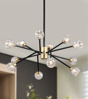 AMZASA Crystal Chandeliers, Modern Black and Gold Sputnik Pendant Lighting, 12 Lights Mid Century Ceiling Light Fixtures for Dining Room Kitchen Island Living Room Bedroom Bar,UL