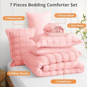 JOLLYVOGUE King Comforter Set Seersucker 7 Pieces, Pink Comforter, Soft Bed in a Bag King Size, All Season Bedding Set with Comforter, Flat Sheet, Fitted Sheet, Pillowcases, Pillow Shams - Image 7