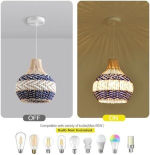 3-Pack Rattan Pendant Light Fixture 10.24" Blue White Hand-Woven Basket Fax Rattan Chandelier Boho Mini Wicker Hanging Lamp for Dining Living Bedroom Kitchen Farmhouse - Image 5