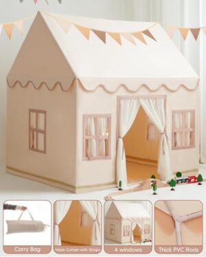 Large Kids Tent Playhouse Basic Mat with Star Lights, Flags and Tote Bags, Kids Play Tent Indoor & Outdoor, Washable Teepee Tent for Boys & Girls, Kids Play House for Toddler, Neutral Color - Image 5