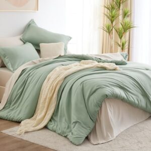 CozyLux Full Size Comforter Sets Sage Green 7 Pieces Full Bed in a Bag Bedding Set Contrasting Design with Comforter, Flat Sheets, Fitted Sheet, Pillowcases & Shams, Sage Green and Beige