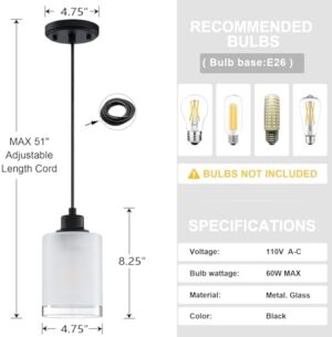 3 Pack 1 Light Kitchen Island Pendant Light Industrial Farmhouse Fixture,Frosted Glass Black Finish for Bedroom Hallway Dining Room Entryway Kitchen Cafe Bar - Image 2