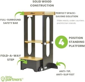 Little Partners Foldable Toddler Tower - Explore 'N Store Montessori Kitchen Tower for Cooking, 22.28" L x 19.56" W x 33.50" H, Ages 2 to 6 (Charcoal) - Image 6
