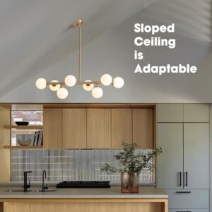 Modern Linear Chandelier, Mid Century Gold Brass Sputnik Pendant Light with White Glass Lampshade,8 Lights Globe Rectangle Chandelier,for Dining Room Kitchen - Image 3