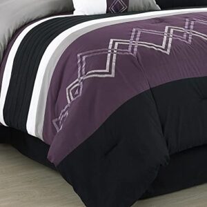 Chezmoi Collection Arden 7-Piece Modern Pleated Stripe Embroidered Zigzag Bedding Comforter Set (Queen, Purple/Black/Gray/White) - Image 6