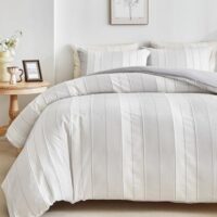 WARMDERN Light Grey Striped Weave Duvet Cover King Size, White Knit Boho Duvet Cover Set, Microfiber Textured Bedding Set with Zipper Closure and Corner Ties (Light Grey, King)