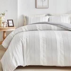WARMDERN Light Grey Striped Weave Duvet Cover King Size, White Knit Boho Duvet Cover Set, Microfiber Textured Bedding Set with Zipper Closure and Corner Ties (Light Grey, King)