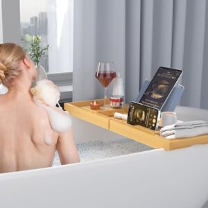 Luxury Bathtub Caddy Tray,Bamboo Bathtub Tray Caddy - Wood Bath Tray Expandable,Can be Placed Book and Integrated Tablet Smartphone and Wine Holder - Gift Idea for Loved Ones - Image 5