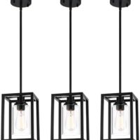 Matte Black Farmhouse Pendant Light Fixtures, Industrial Kitchen Island Light, Rectangle Linear Metal Hanging Lighting Fixture Ceiling Mount with Clear Glass Shade E26 Base for Dining Room, 3 Pack