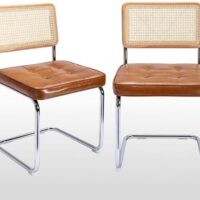 Zesthouse Natural Rattan Dining Chairs Set of 2, Modern Dining Room Chairs with Solid Wood Back for Kitchen Living Room, Mid Century Breuer Design Inspired, Upholstered Faux Leather Brown