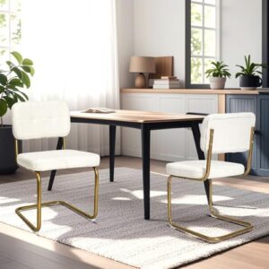 CangLong Fleece Dining Chairs, Mid-Century Modern Upholstered Armless Chairs with Metal Legs for Home, Kitchen, Dining Room, Set of 2, White - Image 2