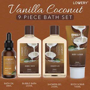 Bath and Body Gift Basket For Women and Men – 9 Piece Set of Vanilla Coconut Home Spa Set, Includes Fragrant Lotions, Extra Large Bath Bombs, Coconut Oil, Luxurious Bath Towel & More - Image 2