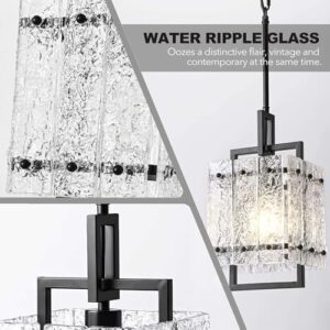 Black Glass Island Light for Kitchen, Modern Ceiling Hanging1-Light Pendant Lighting Fixture for Kitchen Dining Room Bedroom Hallway, Height Adjustable Water Ripple Glass E26 Square - Image 6