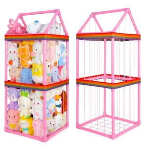 Basumee Stuffed Animals Storage Zoo Kids Plushies Storage Stuffed Animals Holder with Two Rainbow Straps PVC Tube Stuffy Toy Storage Organizer for Girls Boys Nursery Playroom Room Bedrooms, Pink