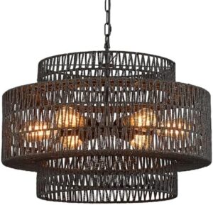 Hand-Woven Rattan Chandelier Vintage 6-Light Farmhouse Boho Bamboo Chandelier Light Fixture 23.6" Retro 3-Tier Drum Wicker Rattan Black Chandelier for Dining Room, Kitchen Island, Living Room - Image 9