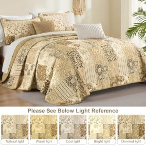 Patchwork Quilt Set King Size, Brown Plaid Reversible Bedspread Coverlet Set 3 Pieces for All Season, Soft Microfiber Bedding Set 104"x90" - Image 8