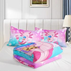 Cartoon Axolotl Twin Size Comforter Set, Kawaii Milk Tea Donut Stars Pattern, Animal Themed Comforter Set with 2 Pillowcases - Image 4