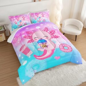 Cartoon Axolotl Twin Size Comforter Set, Kawaii Milk Tea Donut Stars Pattern, Animal Themed Comforter Set with 2 Pillowcases - Image 2