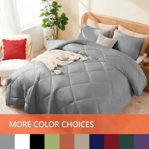 Full Comforter Set Grey, 3 Pieces Lightweight All Season Solid Bedding Comforters Sets, Down Alternative Comforter Bed Set Quilt Blanket, (86x82In Comforter & 2 Pillowcases),Gray - Image 2