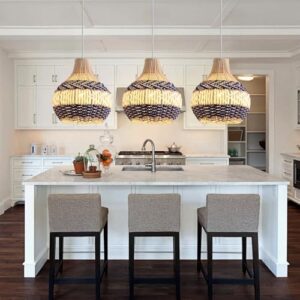 3-Pack Rattan Pendant Light Fixture 10.24" Blue White Hand-Woven Basket Fax Rattan Chandelier Boho Mini Wicker Hanging Lamp for Dining Living Bedroom Kitchen Farmhouse - Image 9