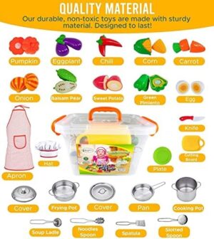FUNERICA Toddler Kitchen Accessories Playset with Cutting Food Vegetables and Stainless-Steel Play Pots - Pretend Kids Cooking Utensils - Apron & Chef Hat - Toy Knife & Cutting Board for Girls & Boys - Image 2