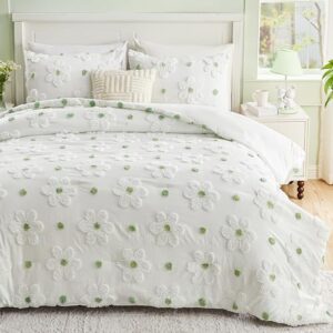 VIVILINEN Queen Size Comforter Sets for Girls Floral Bedding Cute Comforter with Tufted Daisies Flowers, Lightweight Queen Bed Set 3 Pieces for Kids Teen Girls Women, Green
