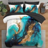 Comforter Set King Size, Mint Green Marble Gold 7 Pcs Bedding for Kids and Adults, Teal Turquoise Blue Bed Sheet Sets with Fitted Sheet 2 Pillowcase & 2 Sham for Bedroom Bed Decor