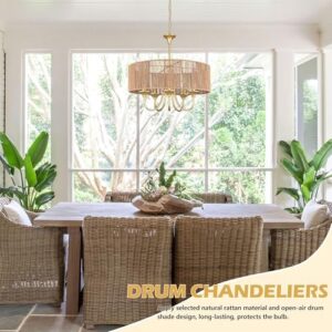 Gold 5-Light Rattan Light Fixture 19.7" Rattan Pendant Lights Boho Chandelier Wicker Chandelier Woven Pendant Light Drum Chandelier with Hand Woven Wicker Shade for Dining Room Kitchen Island - Image 7