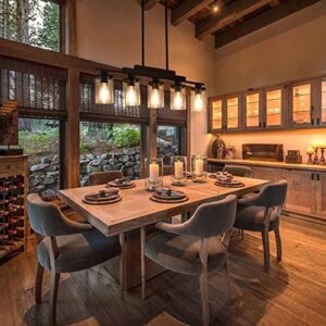 Dining Room Light Fixture/Chandelier Over Table,5-Light Kitchen Island Lighting Hanging for Farmhouse Linear Chandeliers Matte Black Rustic Wood Ceiling Pendant Light Fixtures with Clear Glass Shade - Image 4