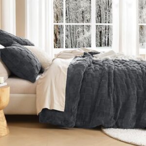 Litanika Fluffy King Size Comforter Set Dark Grey, 3 Pieces Warm Sherpa Fleece Winter Bedding Set, Jacquard Checkered Plush Fuzzy Bed Set(1 Comforter, 2 Pillowcases) - Image 5