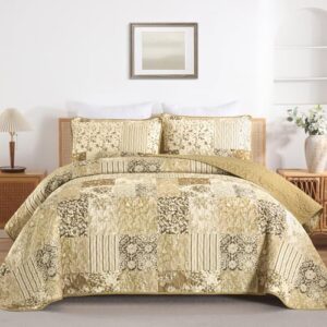 Patchwork Quilt Set King Size, Brown Plaid Reversible Bedspread Coverlet Set 3 Pieces for All Season, Soft Microfiber Bedding Set 104"x90" - Image 3