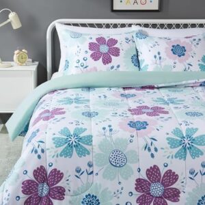 Amazon Basics Soft, Plush 3 Piece Microfiber Kid's Comforter and Pillow Sham Set, Full/Queen, Purple Flowers, Bluish Pink, Lightweight, Floral