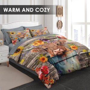 7 Pcs Full Size Comforter Set with 2 Pillowcases & 2 Shams, Highland Cow Flower Bedding for Kids and Adults, Happy Cute Cartoon Bed in a Bag with Flat Fitted Sheet - Image 3