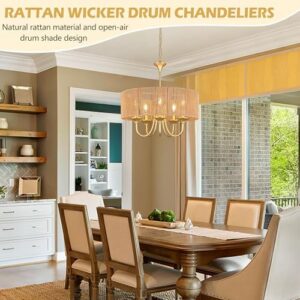 Gold 5-Light Rattan Light Fixture 19.7" Rattan Pendant Lights Boho Chandelier Wicker Chandelier Woven Pendant Light Drum Chandelier with Hand Woven Wicker Shade for Dining Room Kitchen Island - Image 2