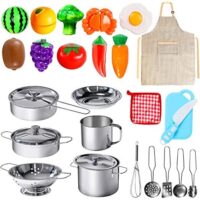 28Pcs Pretend Play Kitchen Toys, Kitchen Playset Cooking Toys Set with Stainless Steel Cookware and Accessories for Kids Toddlers Girls Boys