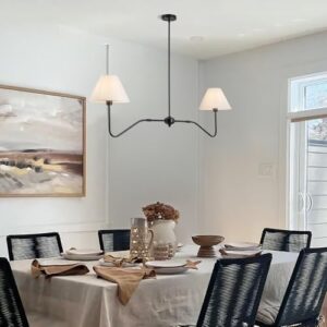 2-Light Modern Linear Chandelier for Dining Room, 55" Farmhouse Kitchen Island Lighting with White Fabric Shades,Hanging Lighting Fixtures for Living Room Bedroom - Image 2