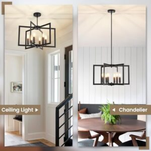 6-Light Black Chandelier, Dining Room Light Fixture, Farmhouse Chandelier, Geometric Metal Industrial Pendant Light Fixture Ceiling Hanging for Kitchen Stairway Foyer Entryway Hallway - Image 4