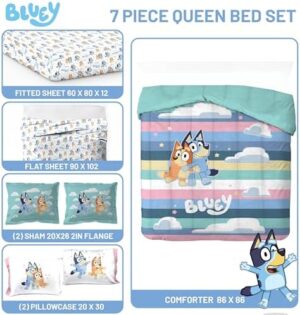 Jay Franco Bluey Queen Size Comforter Set - 7 Piece Bedding Includes Sheet Set & Pillow Covers - Super Soft Cozy Striped Bedding - Image 3
