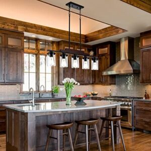 Dining Room Light Fixture/Chandelier Over Table,5-Light Kitchen Island Lighting Hanging for Farmhouse Linear Chandeliers Matte Black Rustic Wood Ceiling Pendant Light Fixtures with Clear Glass Shade - Image 7