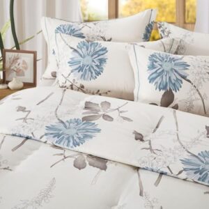 Botanical Comforter Queen Size Set-100% Cotton Fabric, Brown Branches and Blue Flowers Off-White Bedding Set, Lightweight and Soft Comforter Set, 3 Pcs(1 Comforter and 2 Pillow Shams) - Image 2