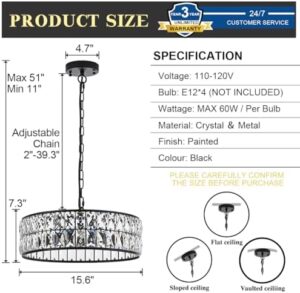 16” 4-Light Modern Crystal Chandeliers Black Dinning Room Light Fixture, Round Pendant Light Kitchen Island Chandelier, Flush Mount Ceiling Light for Living Room Entryway Bedroom Foyer - Image 2