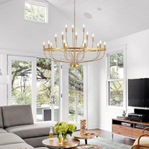 39.4" Modern Gold Chandelier Vintage 18-Lights Mid Century Modern Candle Style Chandelier Light Fixture Large Rustic Golden Chandelier for Dining Room, Kitchen Island, Living Room, E12 - Image 2