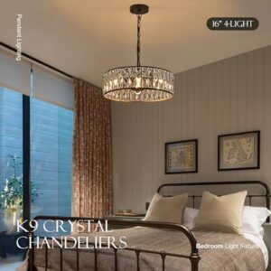 16” 4-Light Modern Crystal Chandeliers Black Dinning Room Light Fixture, Round Pendant Light Kitchen Island Chandelier, Flush Mount Ceiling Light for Living Room Entryway Bedroom Foyer - Image 8