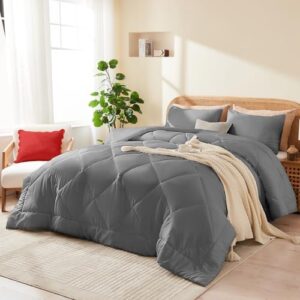 Full Comforter Set Grey, 3 Pieces Lightweight All Season Solid Bedding Comforters Sets, Down Alternative Comforter Bed Set Quilt Blanket, (86x82In Comforter & 2 Pillowcases),Gray