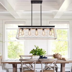33" Farmhouse Rectangular Chandelier, Adjustable Height 5-Lights Kitchen Island Lighting, Openwork Engraved Grid Light Fixture Pendant for Dining Room Pool Table,Oak+Matte Black Finish - Image 2
