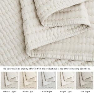 WDCOZY Beige Pick Stitch Twin Size Quilt Set, Striped Lightweight Soft Summer Spring Bedspread, Bamboo Linen Like Textured Coverlet, Chambray Farmhouse Country Rustic Bedding, Netural Thin Comforter - Image 5